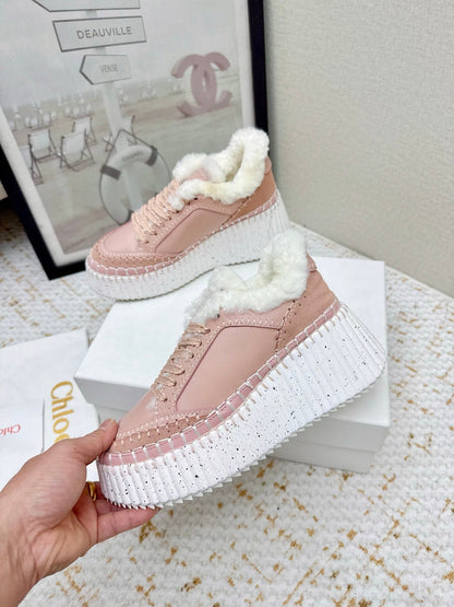 CHLOÉ 26S WEDGE SOLE SNEAKERS IN LIGHT PINK CALFSKIN