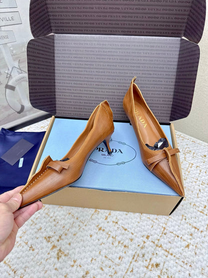 PRADA 26S ANTIQUED LEATHER PUMPS 55MM IN TAN BROWN CALFSKIN