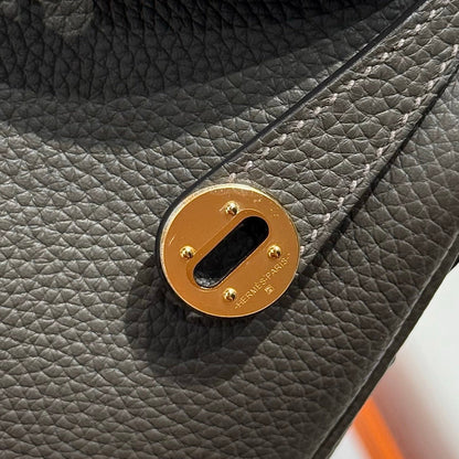HERMES 25S MINI LINDY 19 IN DARK OLIVE GRAY CALFSKIN GOLD HARDWARE