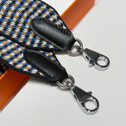 25S HERMES BAG STRAP BLUE PATTERN BORDERED BLACK 85 IN CANVAS SILVER HARDWARE