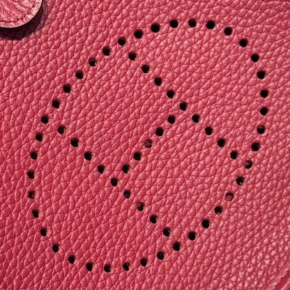 HERMES 25S MINI EVELYNE 18 IN BURGUNDY PATTERNED STRAP CALFSKIN SILVER HARDWARE
