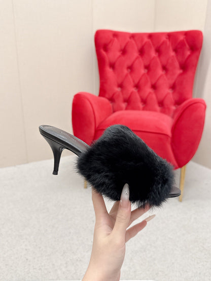 BALENCIAGA 25S HIGH HEEL SANDALS 65 MM IN BLACK LAMBSKIN AND FUR