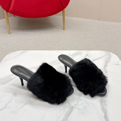 BALENCIAGA 25S HIGH HEEL SANDALS 65 MM IN BLACK LAMBSKIN AND FUR