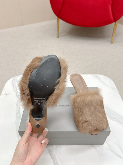 BALENCIAGA 25S HIGH HEEL SANDALS 65 MM IN LIGHT BROWN LAMBSKIN AND FUR