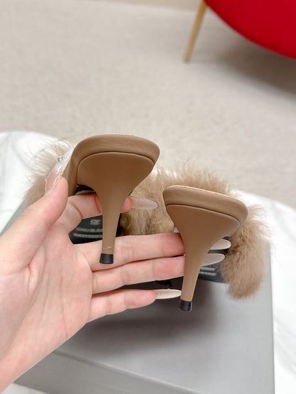 BALENCIAGA 25S HIGH HEEL SANDALS 65 MM IN LIGHT BROWN LAMBSKIN AND FUR
