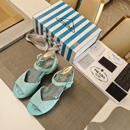 PRADA 26S HEELED SANDALS 65MM IN DUSTY TEAL BLUE SUEDE