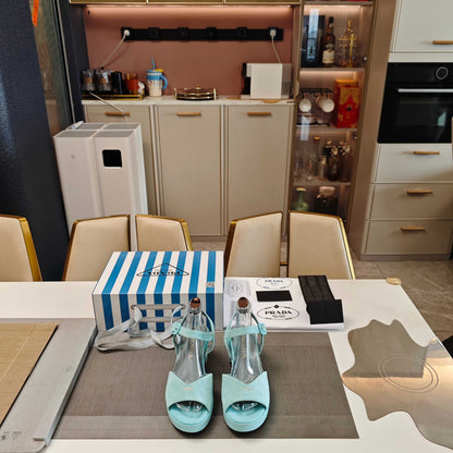 PRADA 26S HEELED SANDALS 65MM IN DUSTY TEAL BLUE SUEDE