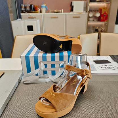 PRADA 26S HEELED SANDALS 65MM IN CARAMEL BROWN SUEDE