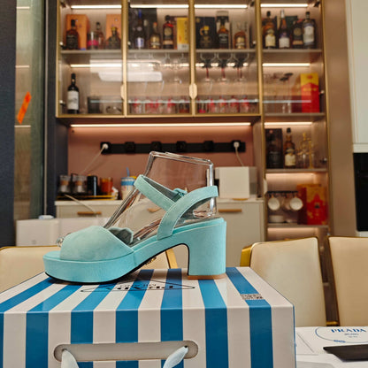 PRADA 26S HEELED SANDALS 65MM IN DUSTY TEAL BLUE SUEDE