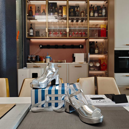 PRADA 26S HEELED SANDALS 65MM IN SILVER CALFSKIN