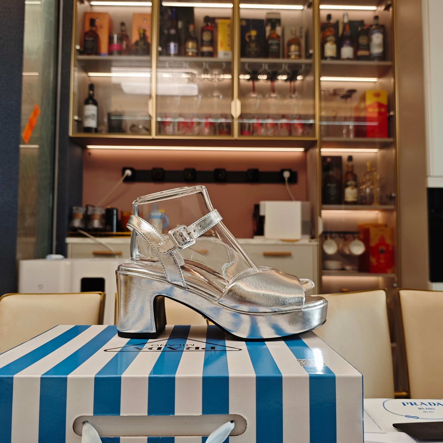 PRADA 26S HEELED SANDALS 65MM IN SILVER CALFSKIN