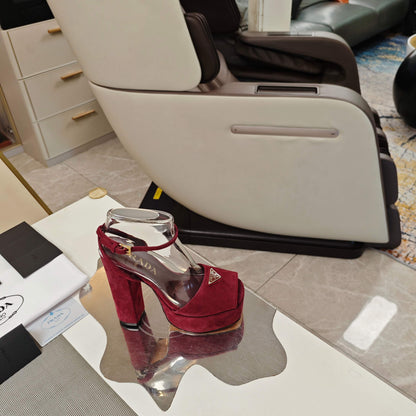 PRADA 26S HEELED SANDALS 135MM IN BURGUNDY RED SUEDE