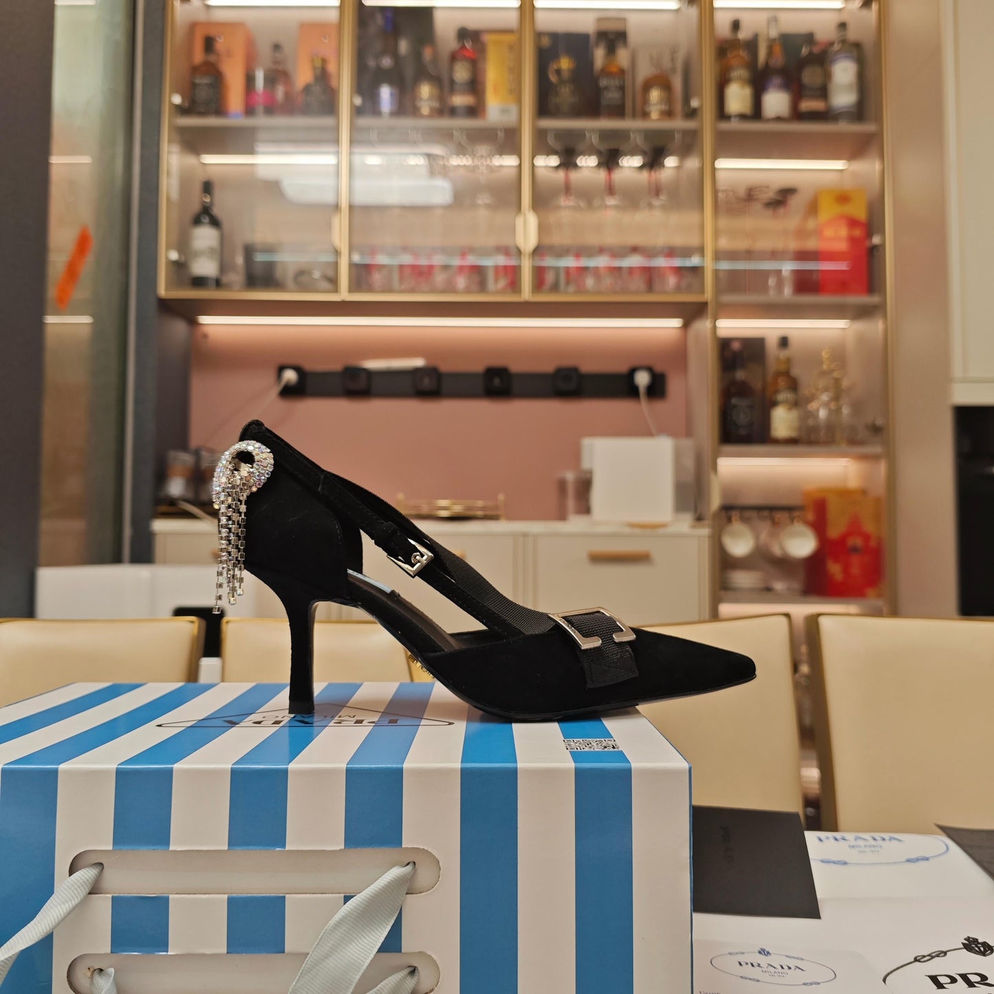 PRADA 26S POINTED-TOE HIGH-HEELED 70MM IN BLACK SUEDE
