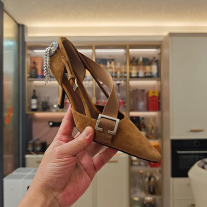 PRADA 26S POINTED-TOE HIGH-HEELED 70MM IN CARAMEL BROWN SUEDE