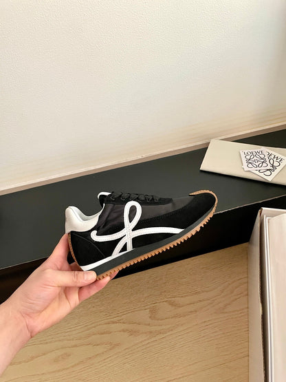 LOEWE 26S FLOW RUNNER SNEAKER IN BLACK SUEDE AND WHITE SHEEPSKIN