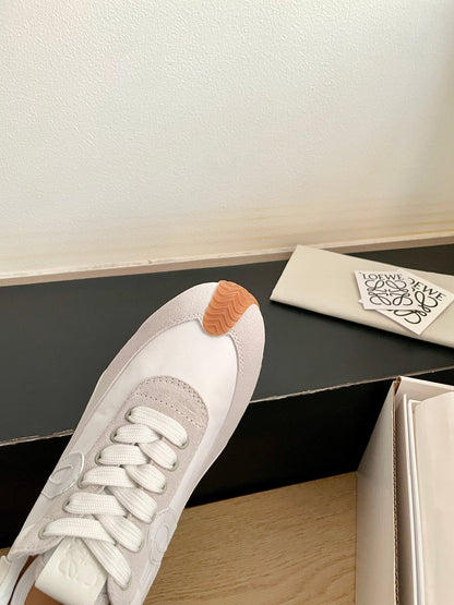 LOEWE 26S FLOW RUNNER SNEAKER IN LIGHT GRAY SUEDE AND YELLOW SHEEPSKIN