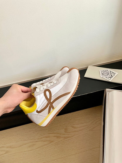 LOEWE 26S FLOW RUNNER SNEAKER IN LIGHT GRAY SUEDE AND YELLOW SHEEPSKIN