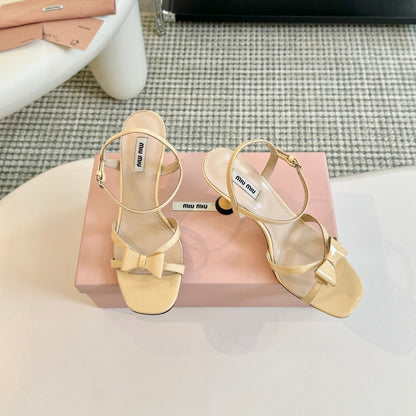 High Heels With Bows Butter Color Glossy Leather