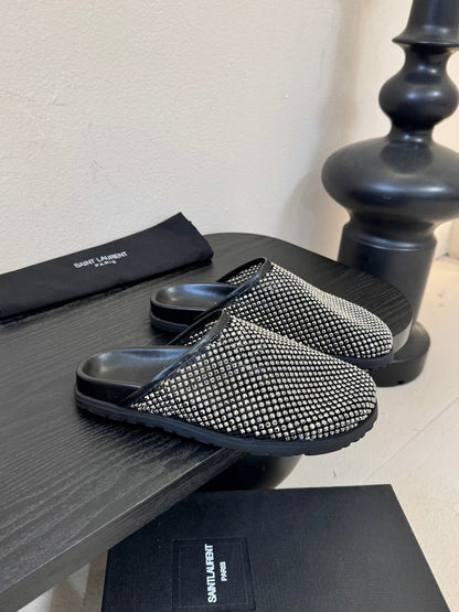 YSL 26S MESH MULES IN BLACK CALFSKIN AND WITH RHINESTONES
