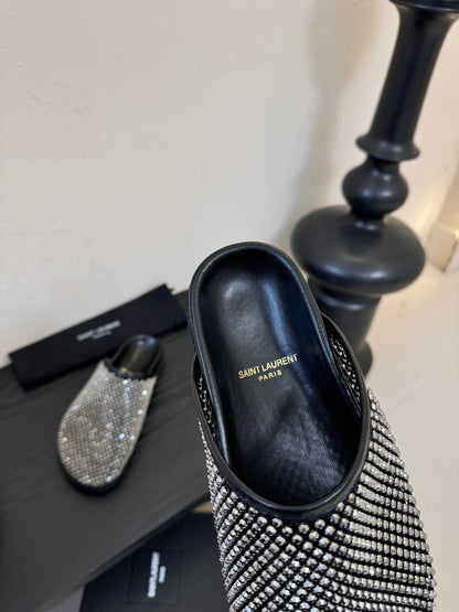 YSL 26S MESH MULES IN BLACK CALFSKIN AND WITH RHINESTONES