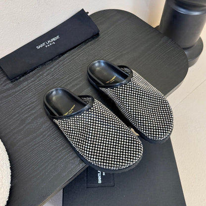 YSL 26S MESH MULES IN BLACK CALFSKIN AND WITH RHINESTONES