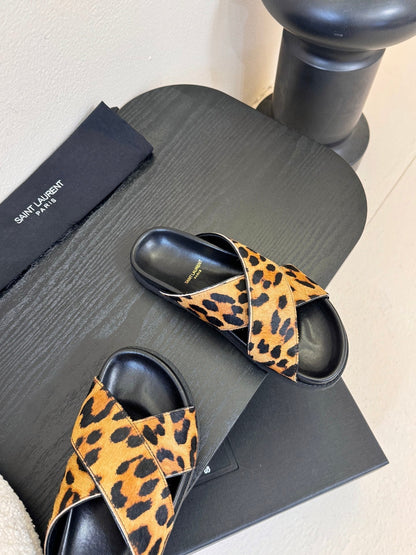 YSL 26S CROSS-STRAP SANDALS IN LEOPARD PRINT CALFSKIN HAIR STYLE 1