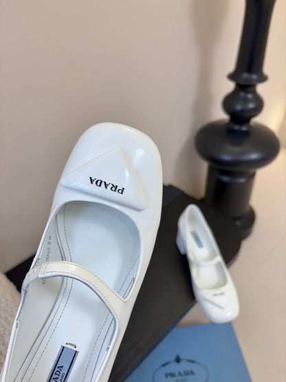 PRADA 26S BLOCK-HEEL MARY JANE IN WHITE PATENT CALFSKIN