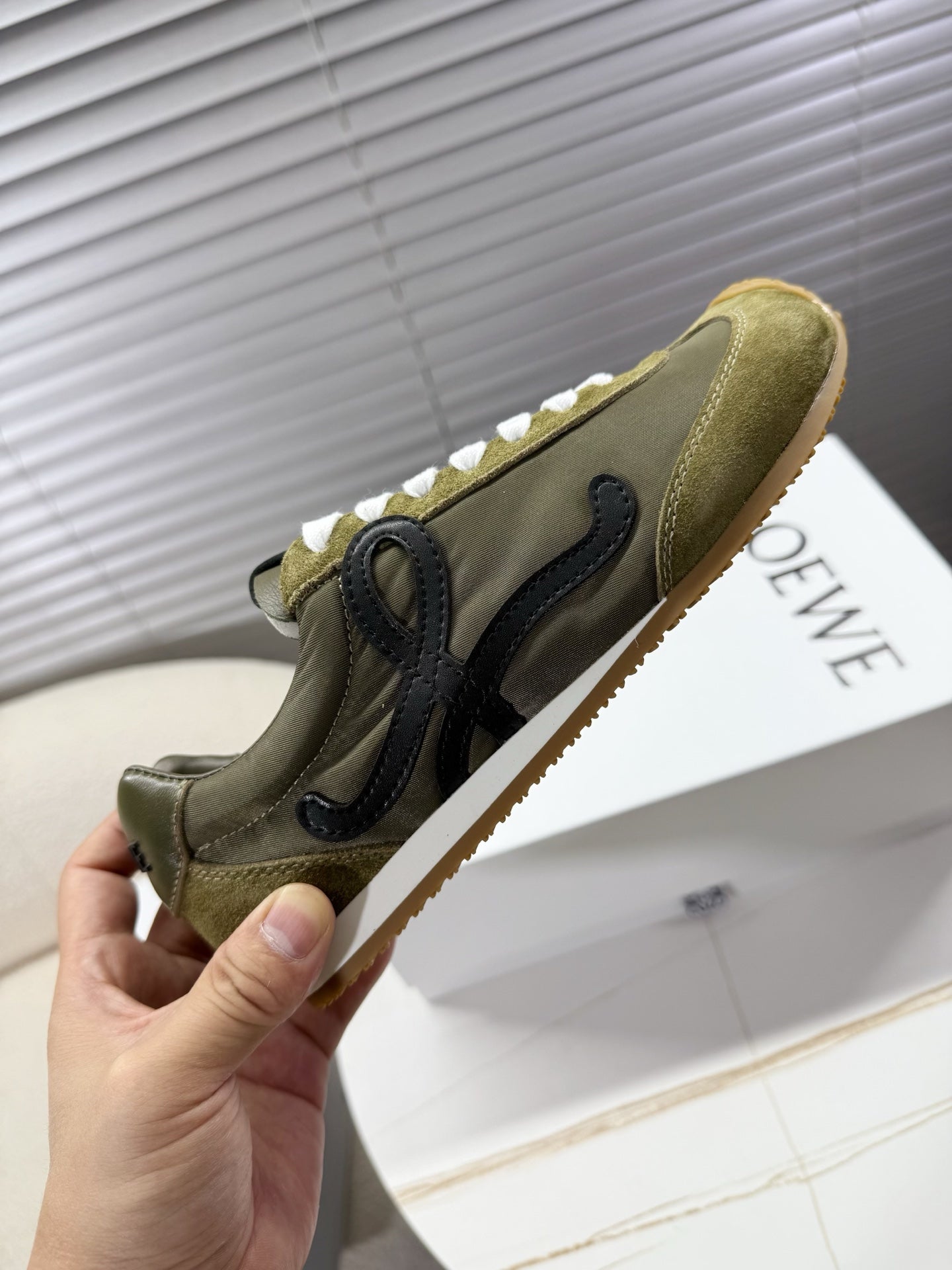 LOEWE 26S BALLET RUNNER 2.0 IN ARMY OLIVE NYLON AND CALFSKIN