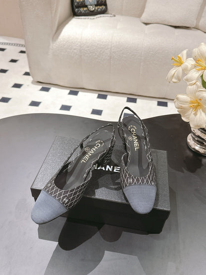 CC SLINGBACK 25S 65 MM IN BLACK DENIM WITH PLAID PATTERN