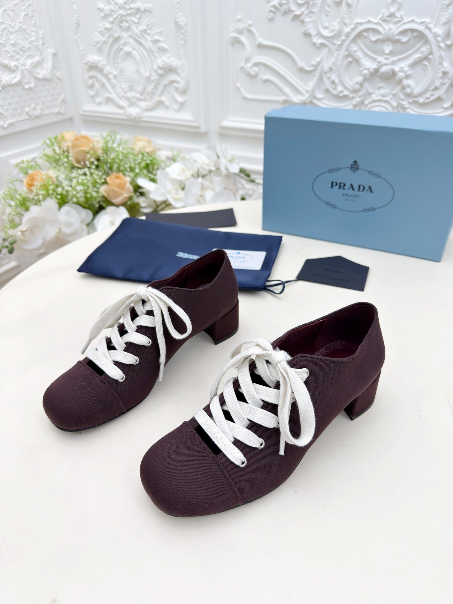 PRADA 25S MARY JANE SHOES 55 MM IN DEEP WINE BROWN CANVAS FABRIC