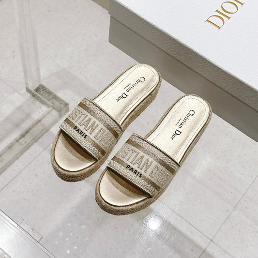 DWAY WEDGE SLIDES 45MM IN WARM GREIGE FABRIC RAFFIA SOLE