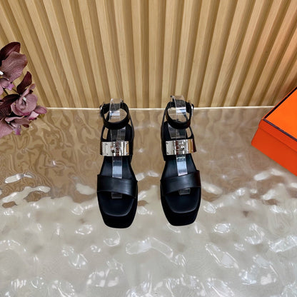 HM 25S CLASSIC WEDGE SANDALS 70 MM IN BLACK LAMBSKIN WITH SILVER HARDWARE