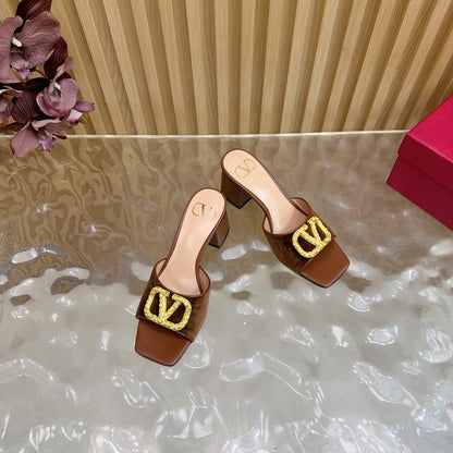 VALENTINO 25S HIGH-HEEL MULES 60 MM IN BROWN VELVET AND CALFSKIN WITH GOLD HARDWARE
