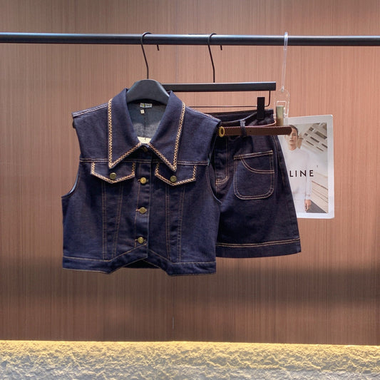 LOEWE SLEEVELESS TOP & DENIM SHORTS SET STYLE 71