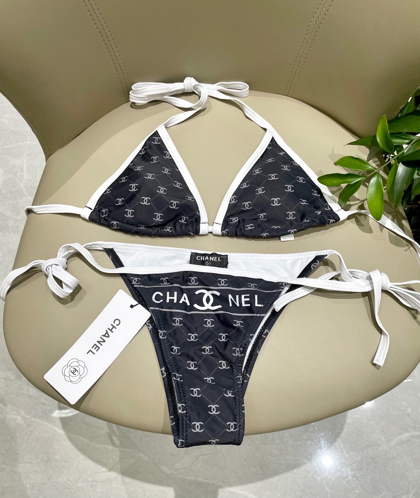CC BIKINI SWIMSUIT SET IN BLACK AND WHITE TRIM WHITE LOGO PRINTED 608921