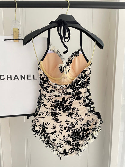 CC BIKINI SWIMSUIT SET IN IVORY MESH WITH BLACK VELVET FLORAL EMBROIDERY 622181