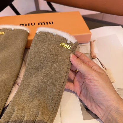 GLOVES IN KHAKI BEIGE WOOL MIX RABBIT FUR 458604