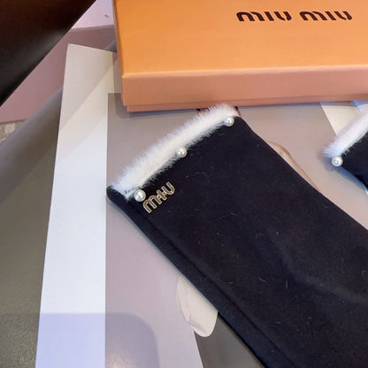 GLOVES IN BLACK WOOL MIX RABBIT FUR 458605