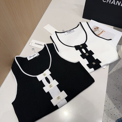 TANK TOP 610340 IN BLACK COTTON RIBBED WHITE BOW