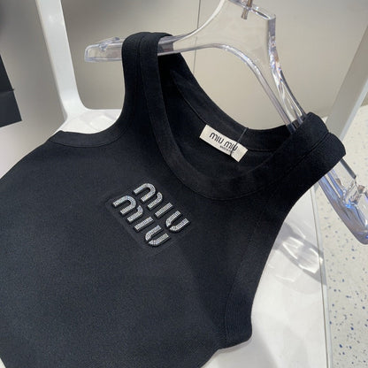 VISCOSE TANK TOP 643230 IN BLACK RIBBED KNIT WITH EMBELLISHED LOGO