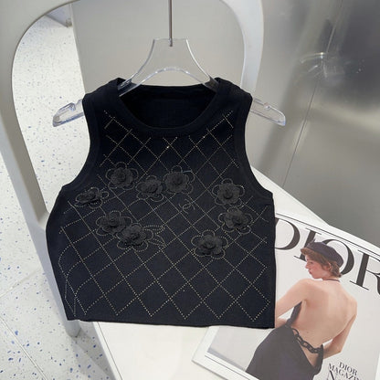 TANK TOP 633205 IN BLACK COTTON RIBBED KNIT EMBOSSED FLORAL