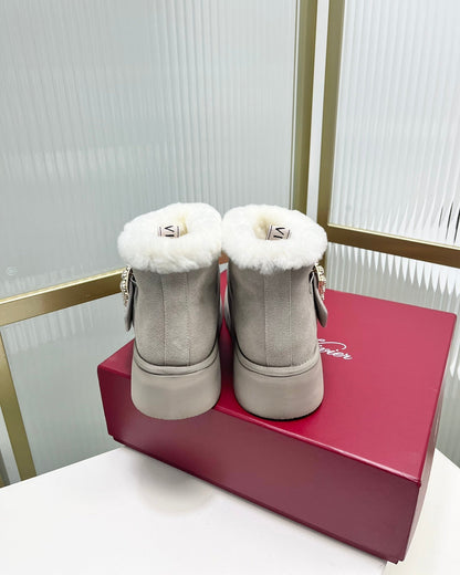 VIV’ WINTER FUR STRASS BUCKLE ANKLE BOOTS IN LIGHT GREY SUEDE
