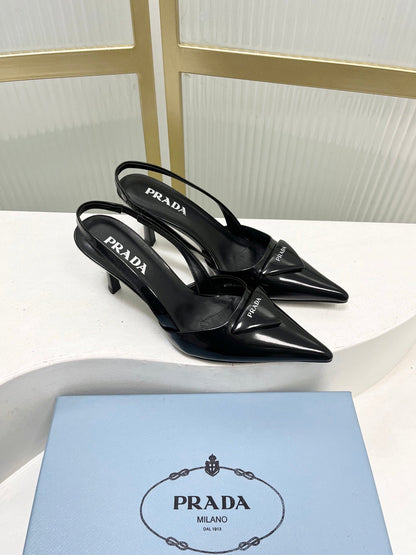 PRADA 26S SLINGBACK HIGH HEEL SANDALS 75MM IN BLACK CALFSKIN WITH LOGO