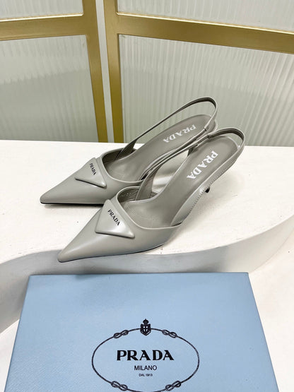 PRADA 26S SLINGBACK HIGH HEEL SANDALS 75MM IN LIGHT GRAY CALFSKIN WITH LOGO
