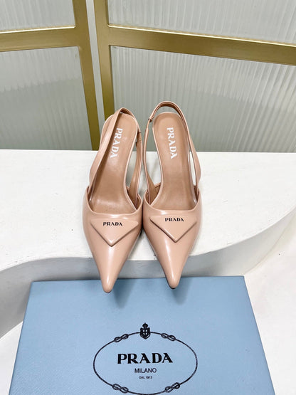 PRADA 26S SLINGBACK HIGH HEEL SANDALS 75MM IN NUDE CALFSKIN WITH LOGO