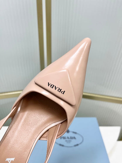 PRADA 26S SLINGBACK HIGH HEEL SANDALS 75MM IN NUDE CALFSKIN WITH LOGO
