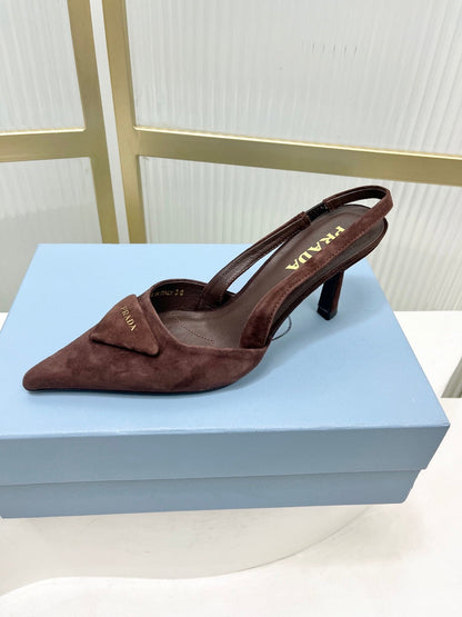 PRADA 26S SLINGBACK HIGH HEEL SANDALS 75MM IN DARK BROWN SUEDE WITH LOGO