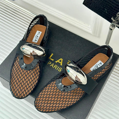 ALAIA MARY JANE SHOES IN BLACK MESH WITH SILVER HARDWARE