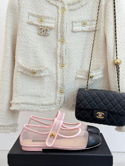 FLAT SHOES IN PINK MESH AND BLACK LAMBSKIN