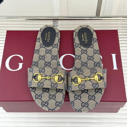 SLIDE SANDALS IN WARM BEIGE FABRIC EMBOSSED LOGO